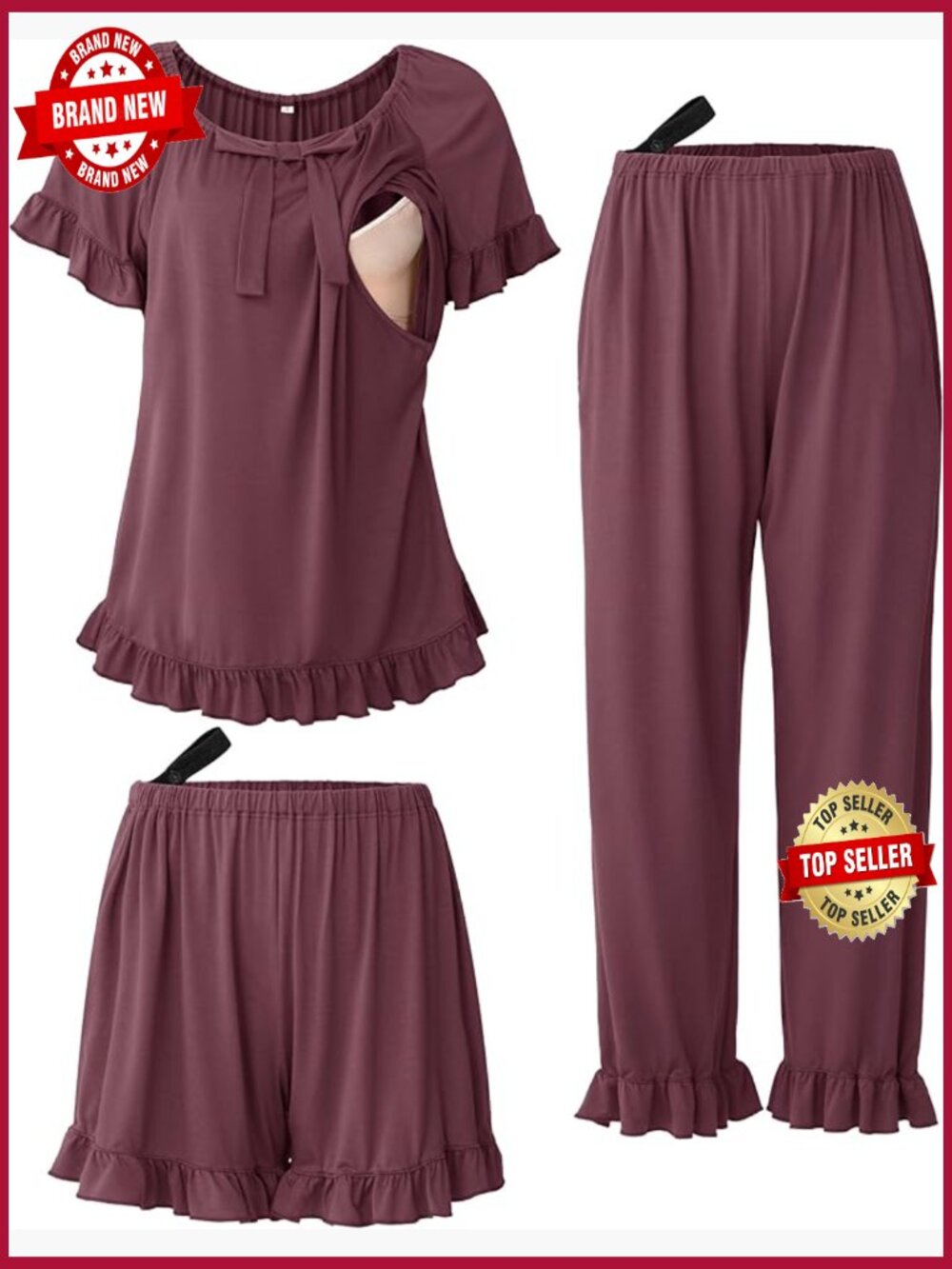 3-Piece Ruffle Trim Nursing Pajama Set Maternity Sleepwear Breastfeeding PJS